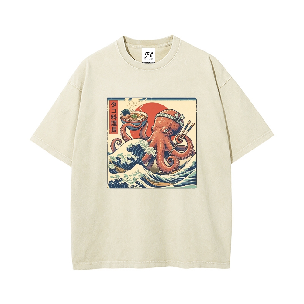 Ukiyo-E Octopus Ramen Master Washed T-Shirt