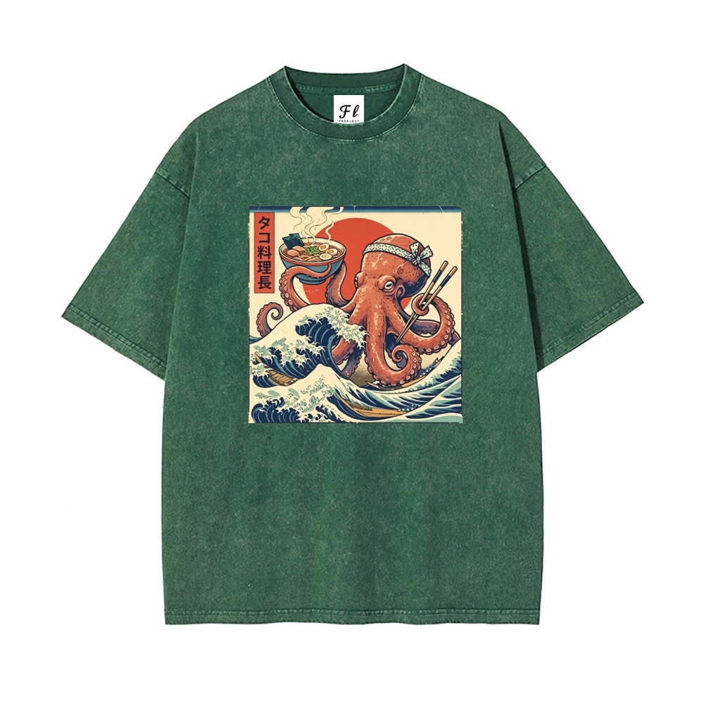 Ukiyo-E Octopus Ramen Master Washed T-Shirt