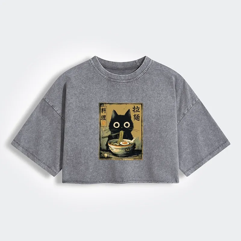 Cute Black Cat Eating Ramen Japan Women's Washed Crop T-Shirt