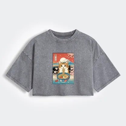 Funny Orange Cat Eating Ramen Japan Women's Washed Crop T-Shirt