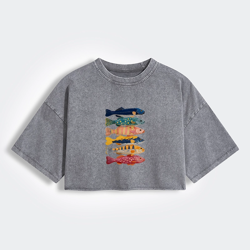 Colorful Fish Art Collection Women's Washed Crop T-Shirt