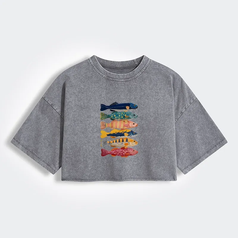 Colorful Fish Art Collection Women's Washed Crop T-Shirt