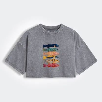 Colorful Fish Art Collection Women's Washed Crop T-Shirt