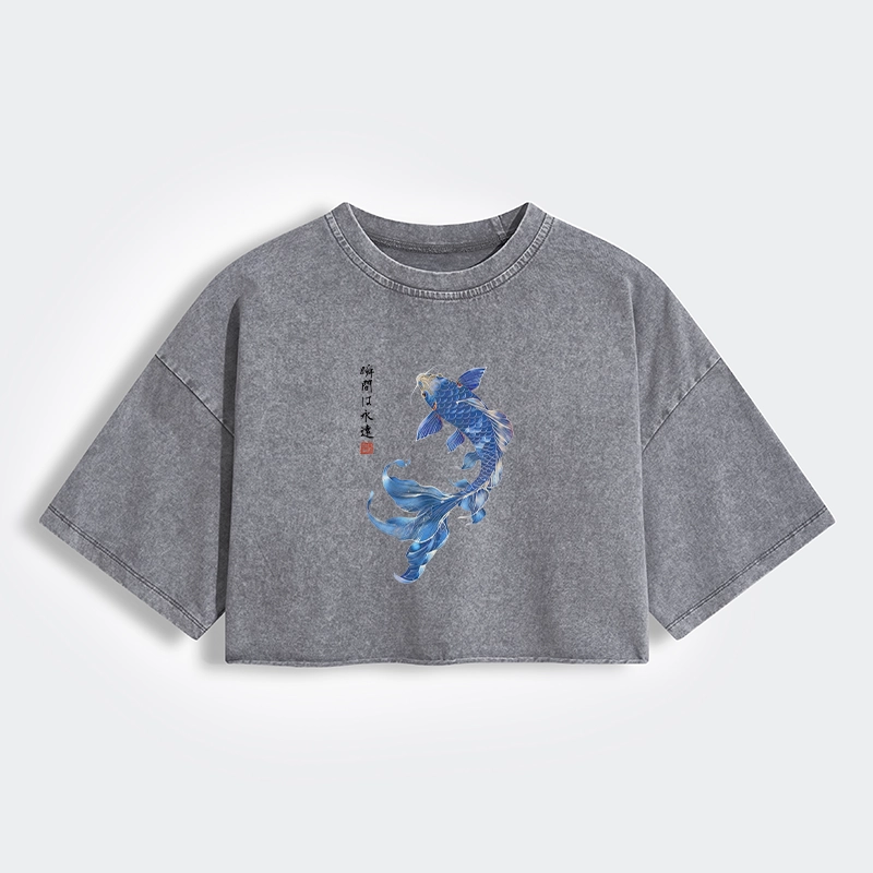 Lucky Blue Koi Fish Art Women's Washed Crop T-Shirt