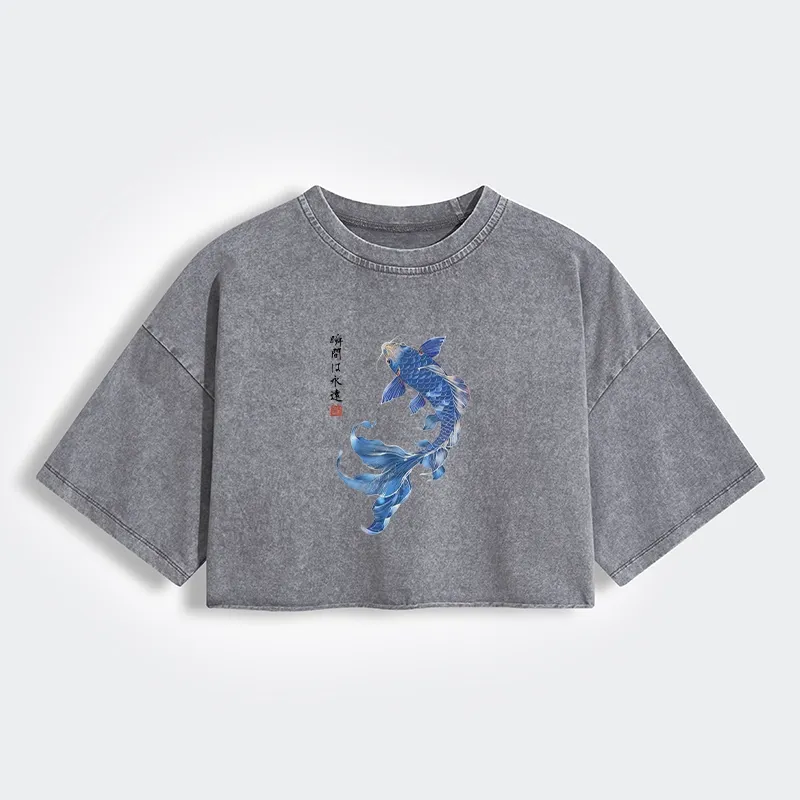 Lucky Blue Koi Fish Art Women's Washed Crop T-Shirt