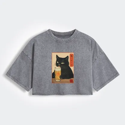 Cat Holding A Glass Of Beer Women's Washed Crop T-Shirt