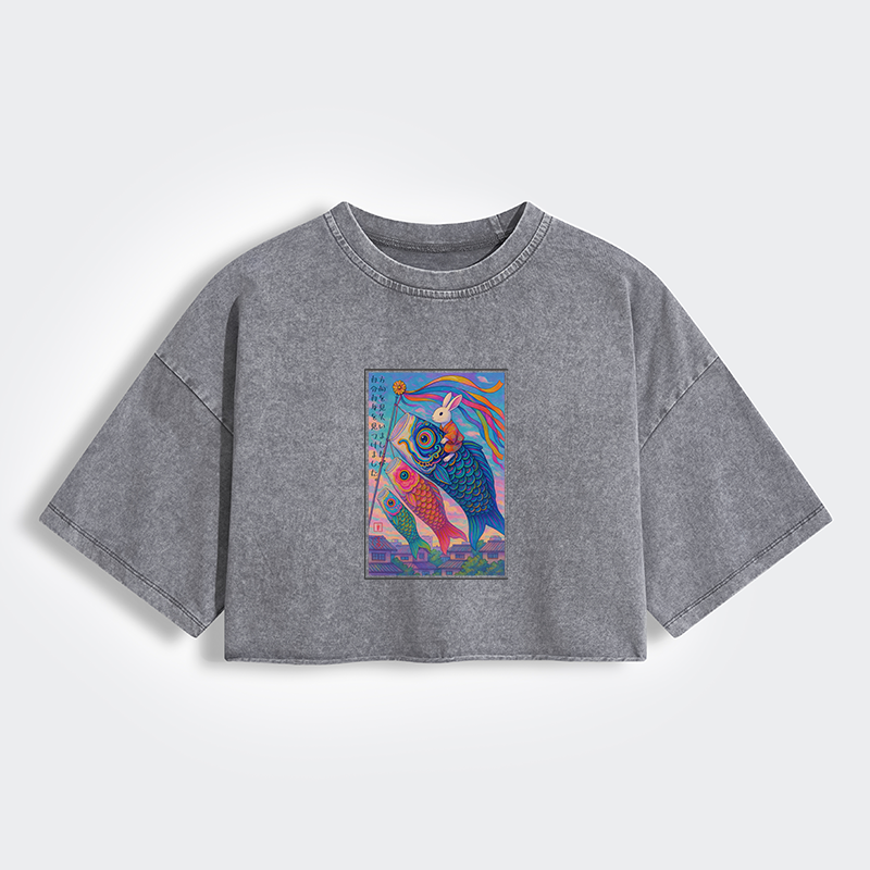 Ukiyoe Rabbit Ride Carp streamer Poster Women's Washed Crop T-Shirt