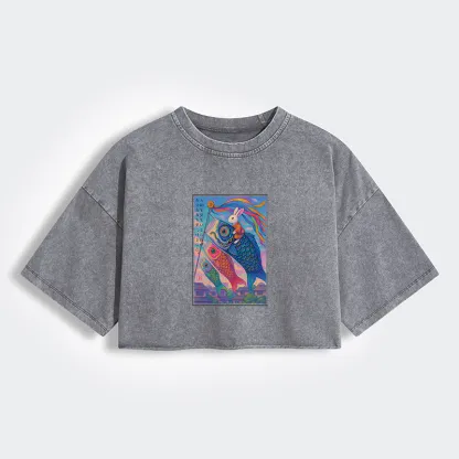 Ukiyoe Rabbit Ride Carp streamer Poster Women's Washed Crop T-Shirt