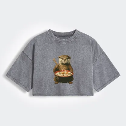 Japanese Otter Eating Ramen Women's Washed Crop T-Shirt