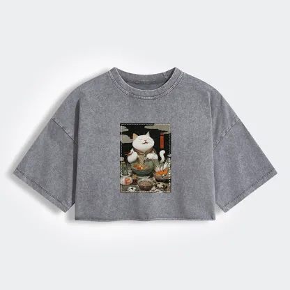 The Ramen-Loving Cat Women's Washed Crop T-Shirt