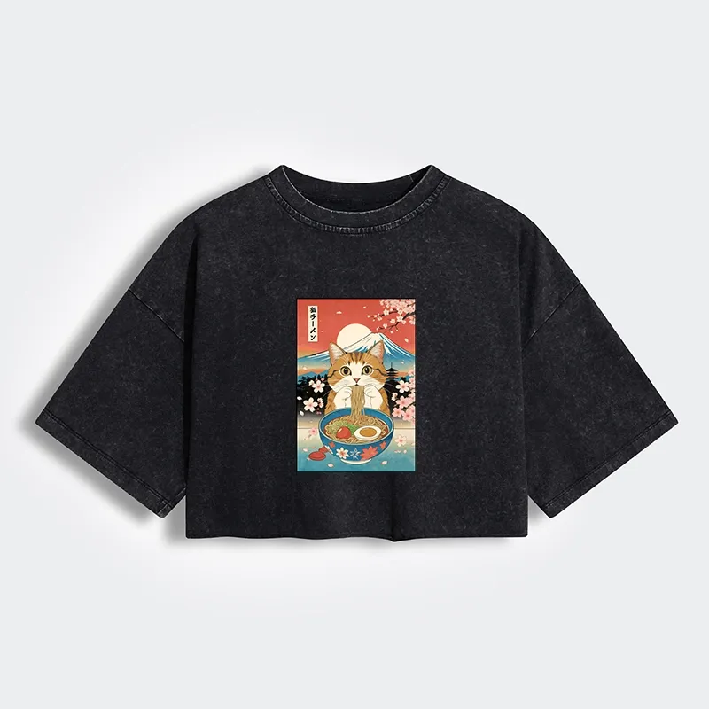 Funny Orange Cat Eating Ramen Japan Women's Washed Crop T-Shirt