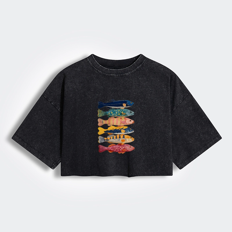 Colorful Fish Art Collection Women's Washed Crop T-Shirt