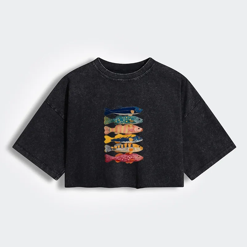 Colorful Fish Art Collection Women's Washed Crop T-Shirt