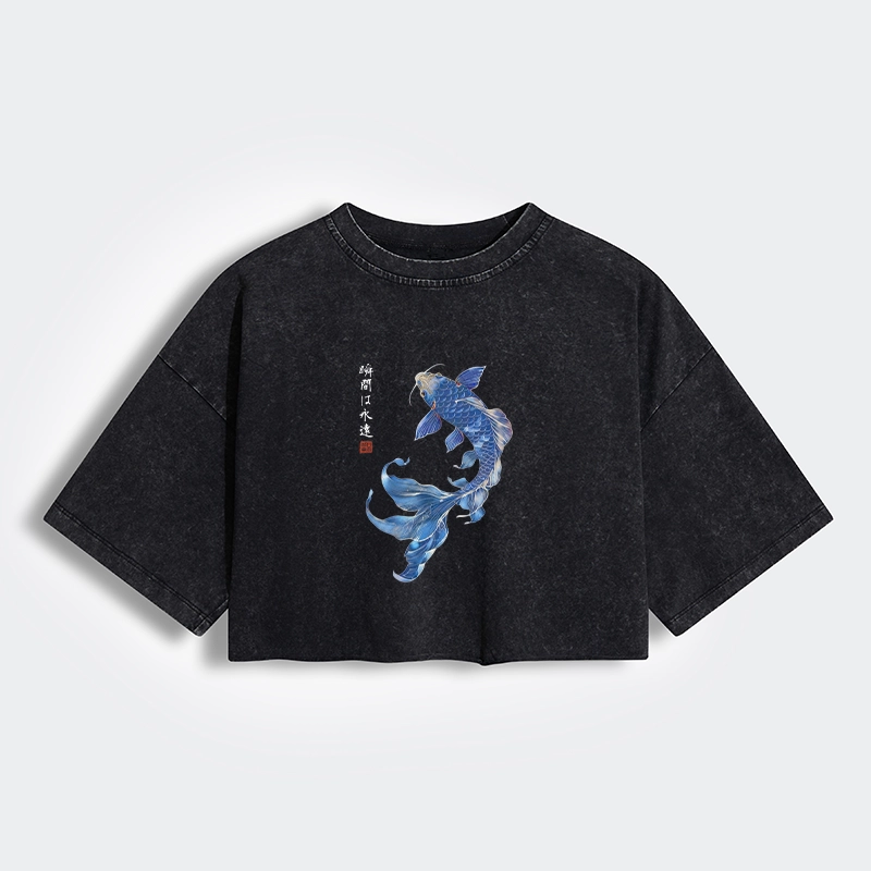 Lucky Blue Koi Fish Art Women's Washed Crop T-Shirt