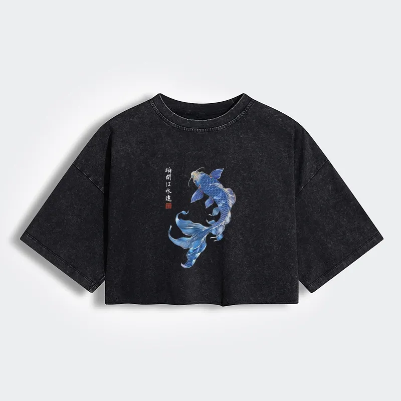 Lucky Blue Koi Fish Art Women's Washed Crop T-Shirt