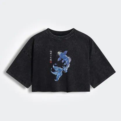 Lucky Blue Koi Fish Art Women's Washed Crop T-Shirt