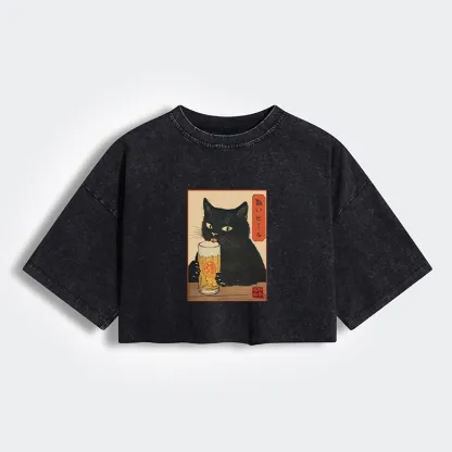Cat Holding A Glass Of Beer Women's Washed Crop T-Shirt