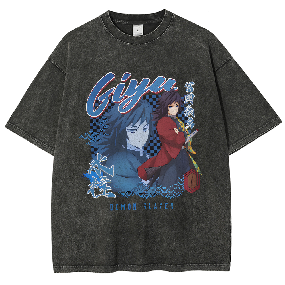 Demon Slayer Kimetsu No Yaiba Giyu Tomioka Checkered Vintage washed T-Shirt