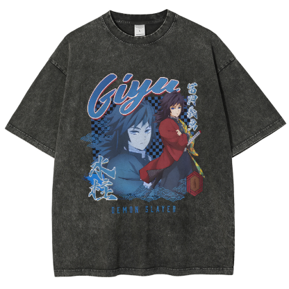 Demon Slayer Kimetsu No Yaiba Giyu Tomioka Checkered Vintage washed T-Shirt