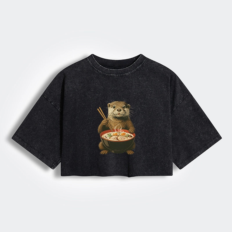 Japanese Otter Eating Ramen Women's Washed Crop T-Shirt