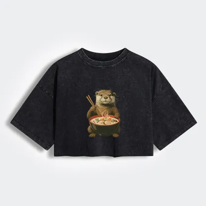 Japanese Otter Eating Ramen Women's Washed Crop T-Shirt