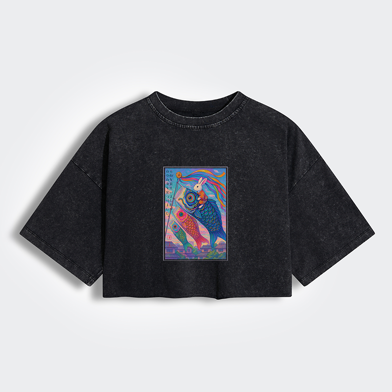 Ukiyoe Rabbit Ride Carp streamer Poster Women's Washed Crop T-Shirt