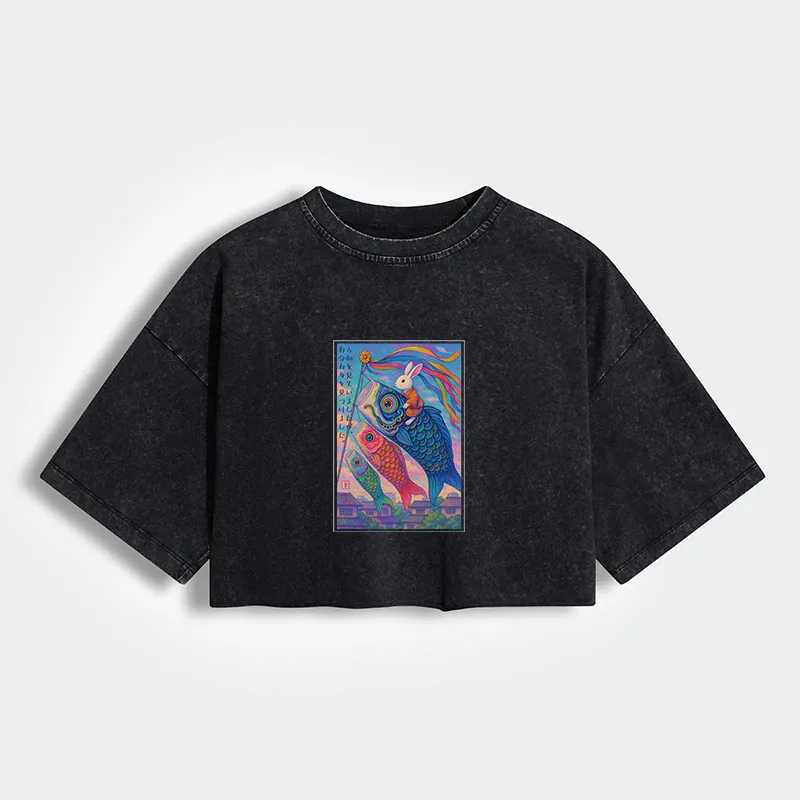 Ukiyoe Rabbit Ride Carp streamer Poster Women's Washed Crop T-Shirt