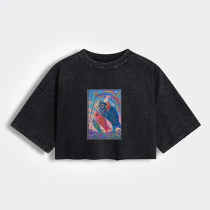 Ukiyoe Rabbit Ride Carp streamer Poster Women's Washed Crop T-Shirt