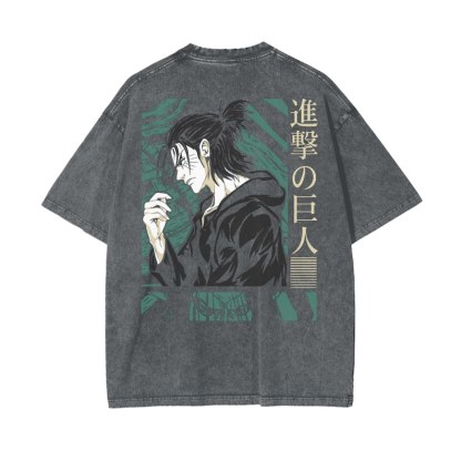 Attack on Titan Anime Acid Washed Oversize T-Shirt Eren Jeager Anime Tee Gift For Him