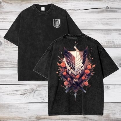 Attack on Titan Anime Acid Washed Oversize T-Shirt Scout Regiment Anime Tee Gift For Him