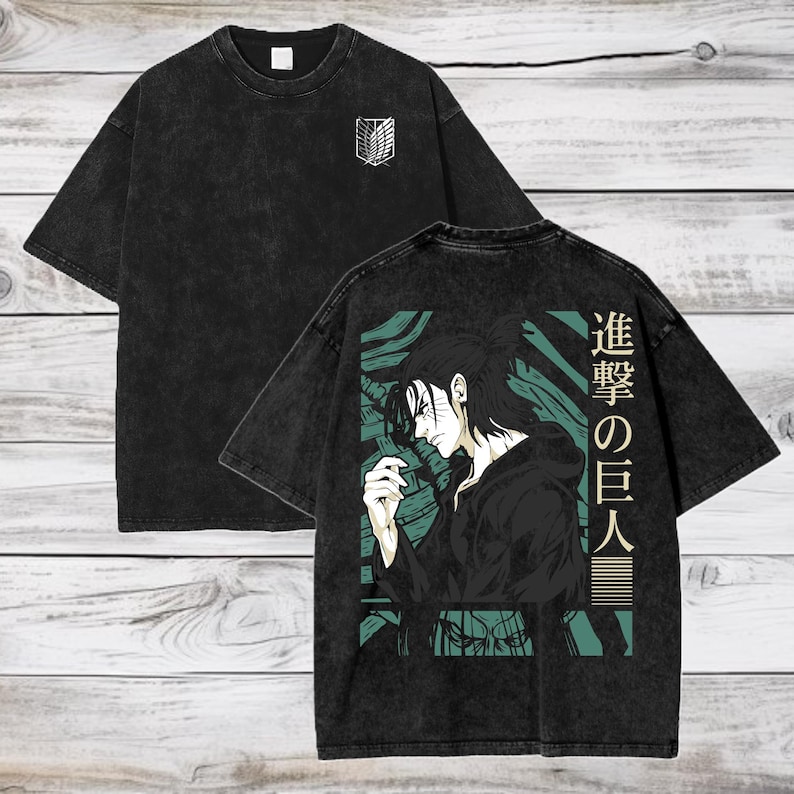 Attack on Titan Anime Acid Washed Oversize T-Shirt Eren Jeager Anime Tee Gift For Him