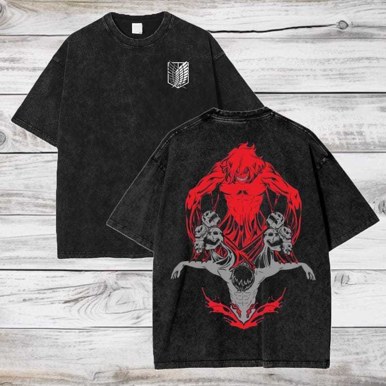 Attack on Titan Anime Acid Washed Oversize T-Shirt Eren Jeager Anime Tee Gift For Him