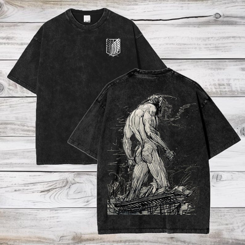 Attack On Titan Anime Acid Washed Oversize T-Shirt Eren Jeager Anime Tee Gift For Him