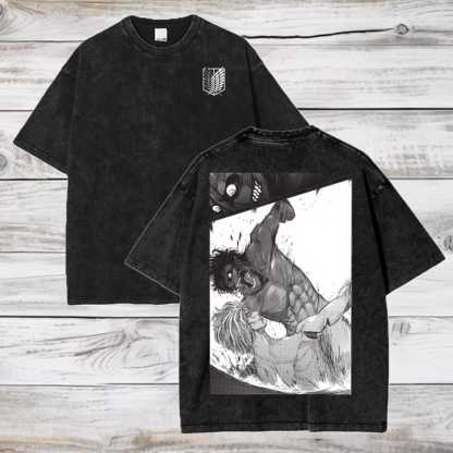 Attack on Titan Anime Acid Wash Oversize T-Shirt Eren Jeager Anime Tee Gift For Him