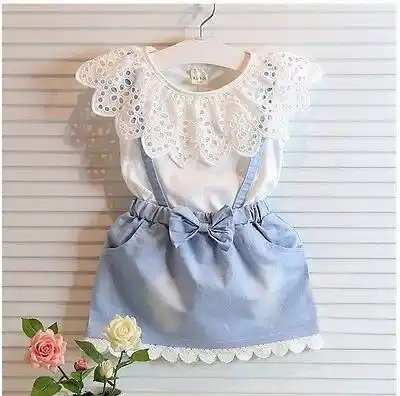 New Fashion Girls cowboy Short sleeve Bow cotton dress baby Girls Summer clothes kids girls Ball Cute dress 2 3 4 5 6 7 Years