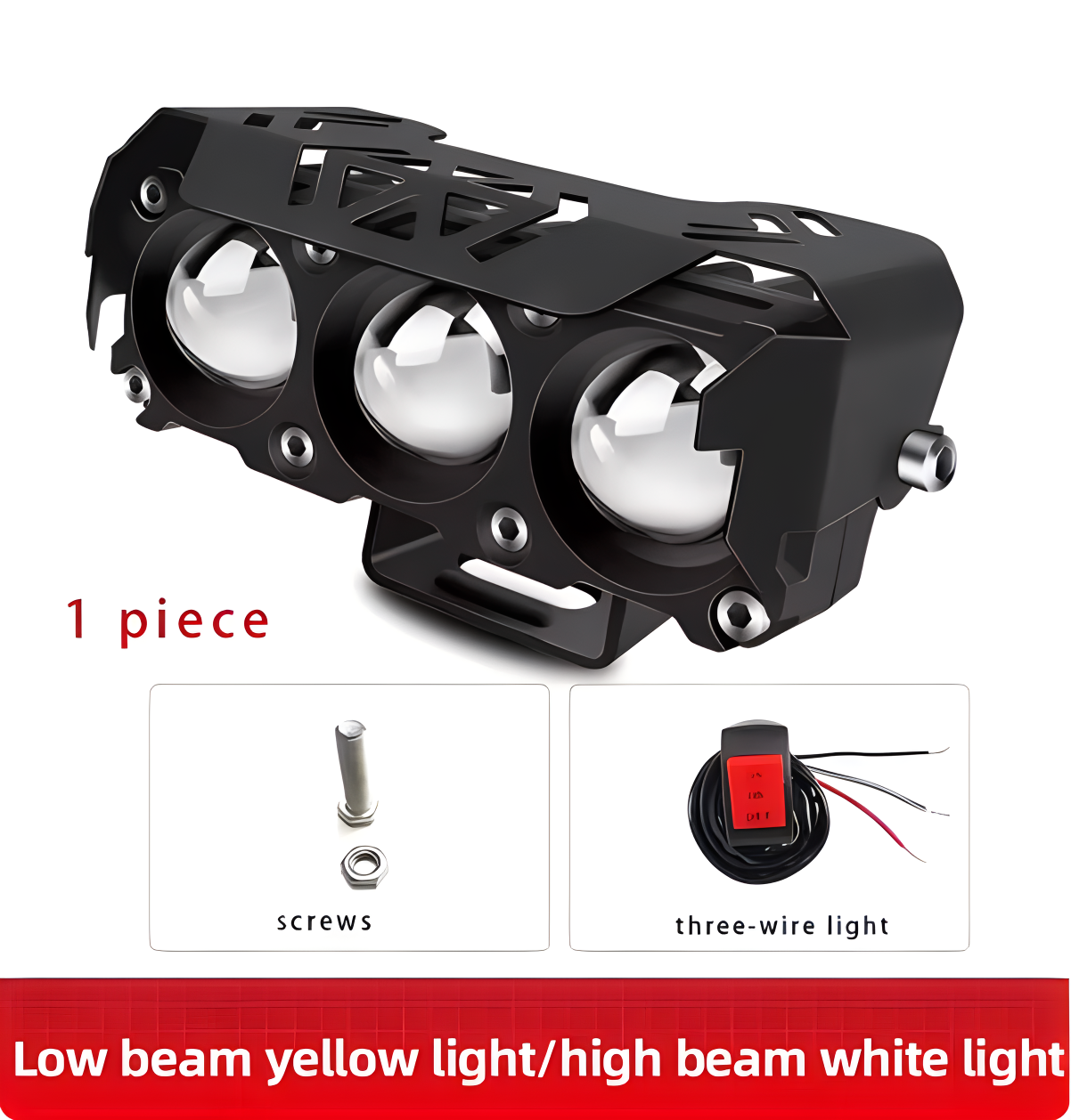 Specifikáció:1 négyzet alakú 3 izzós első lámpa (sárga-fehér fény) + 1 kapcsoló
