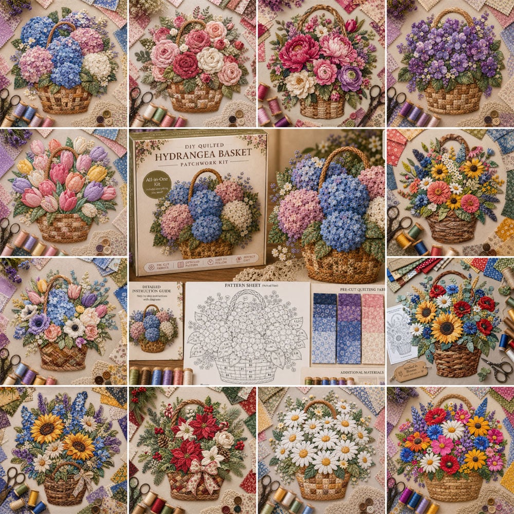🔥LAST DAY 70% OFF - 🌸Floral Basket Patchwork DIY Kit | 3D Layered Fabric Flower Art Craft for Home Decor & Gifts