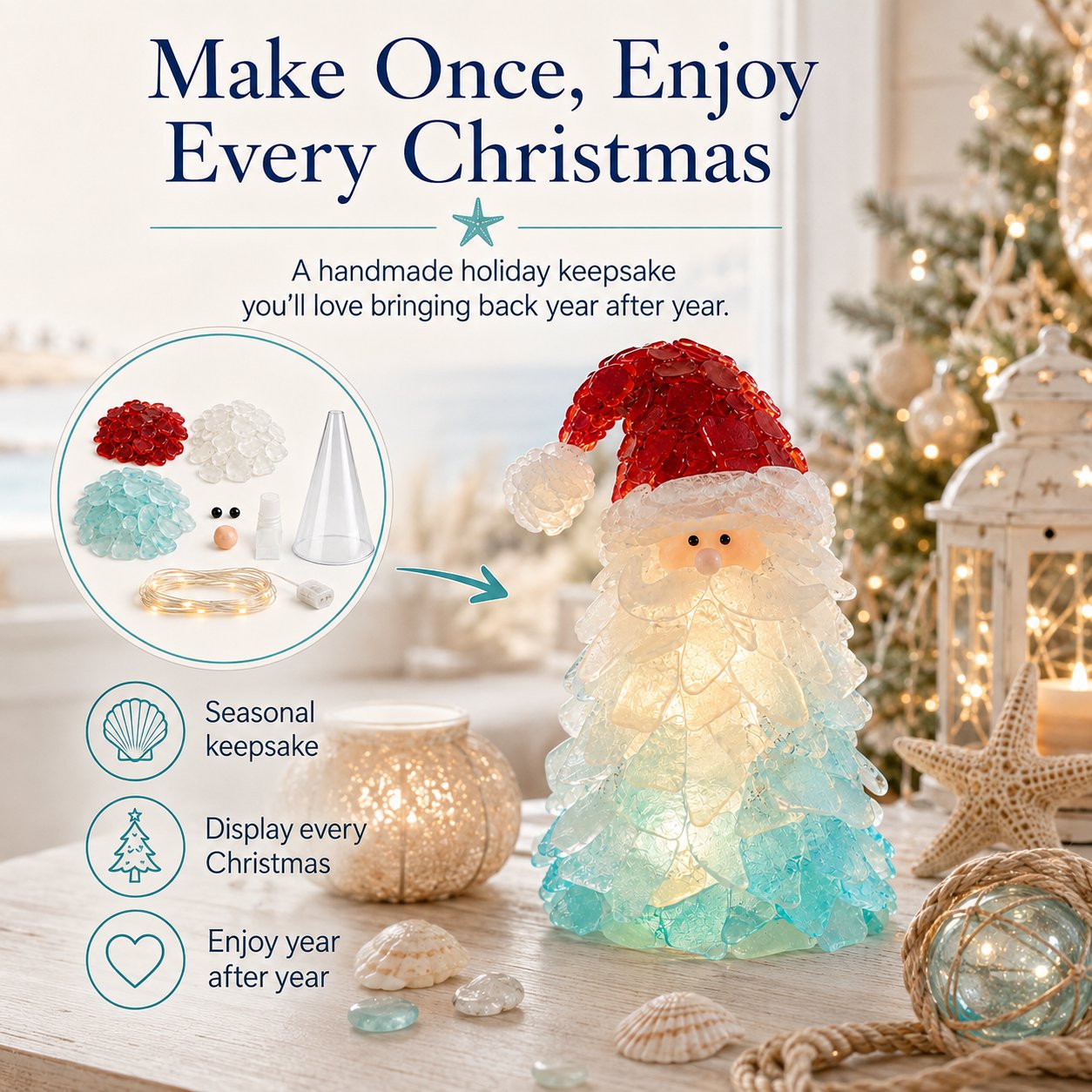 🔥Last Day 70% OFF – 🎅 Beginner-Friendly DIY Lighted Sea Glass Santa Christmas Decor Kit | Complete Kit with Sea Glass Pieces, Warm Fairy Lights & Step-by-Step Guide Included 💕