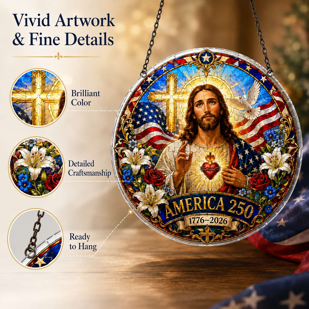 ✝️✨ Celebrating the 250th Anniversary of 1776–2026: Jesus Puzzle Pendant | America 250 Patriotic Christian Hanging Ornament