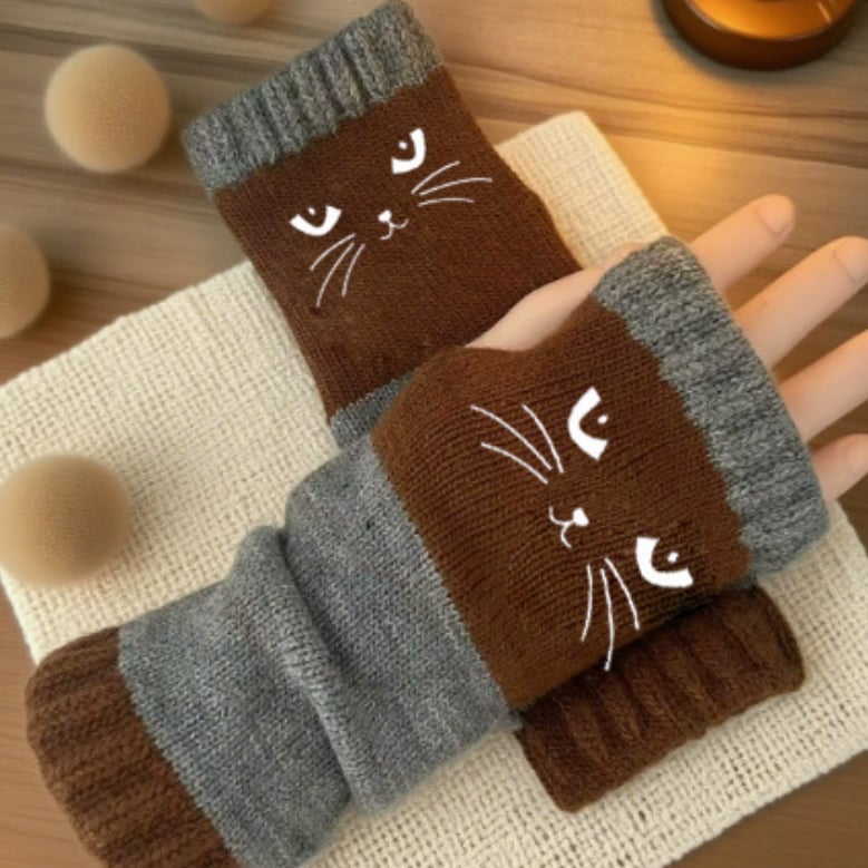 🎉Christmas Sale - 50% OFF🔥Women's Knitted Fingerless Gloves with Cute Cat Pattern