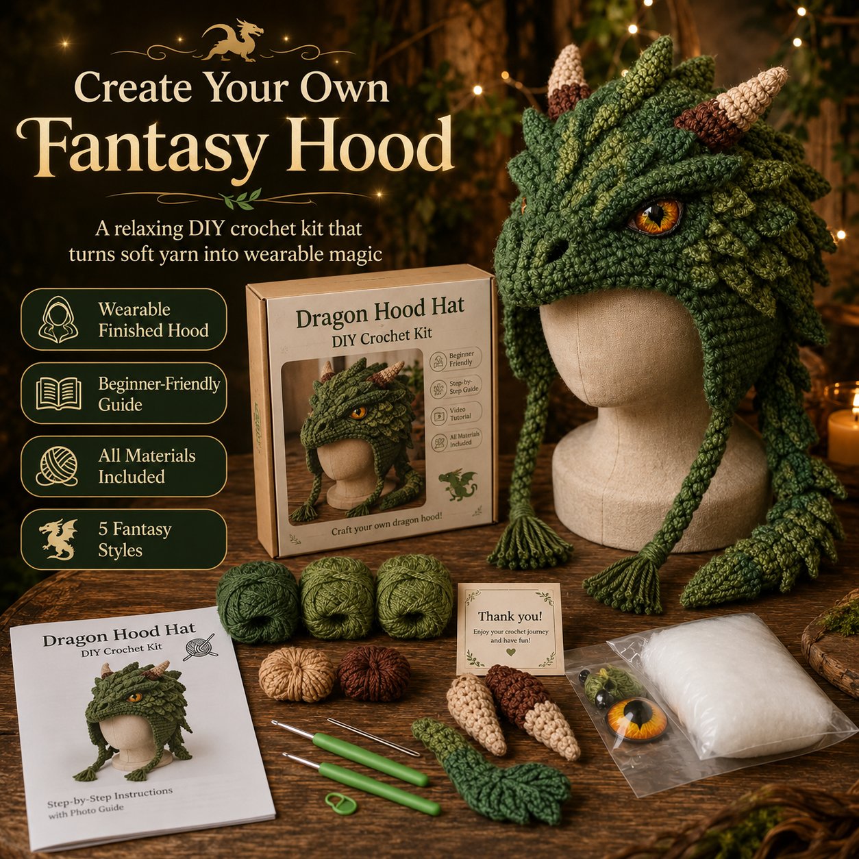 🔥Limited time 70% OFF - 🐉✨ Fantasy Hood Hat DIY Crochet Kit (🧶Relaxing & Beginner-Friendly ) 🎭✨