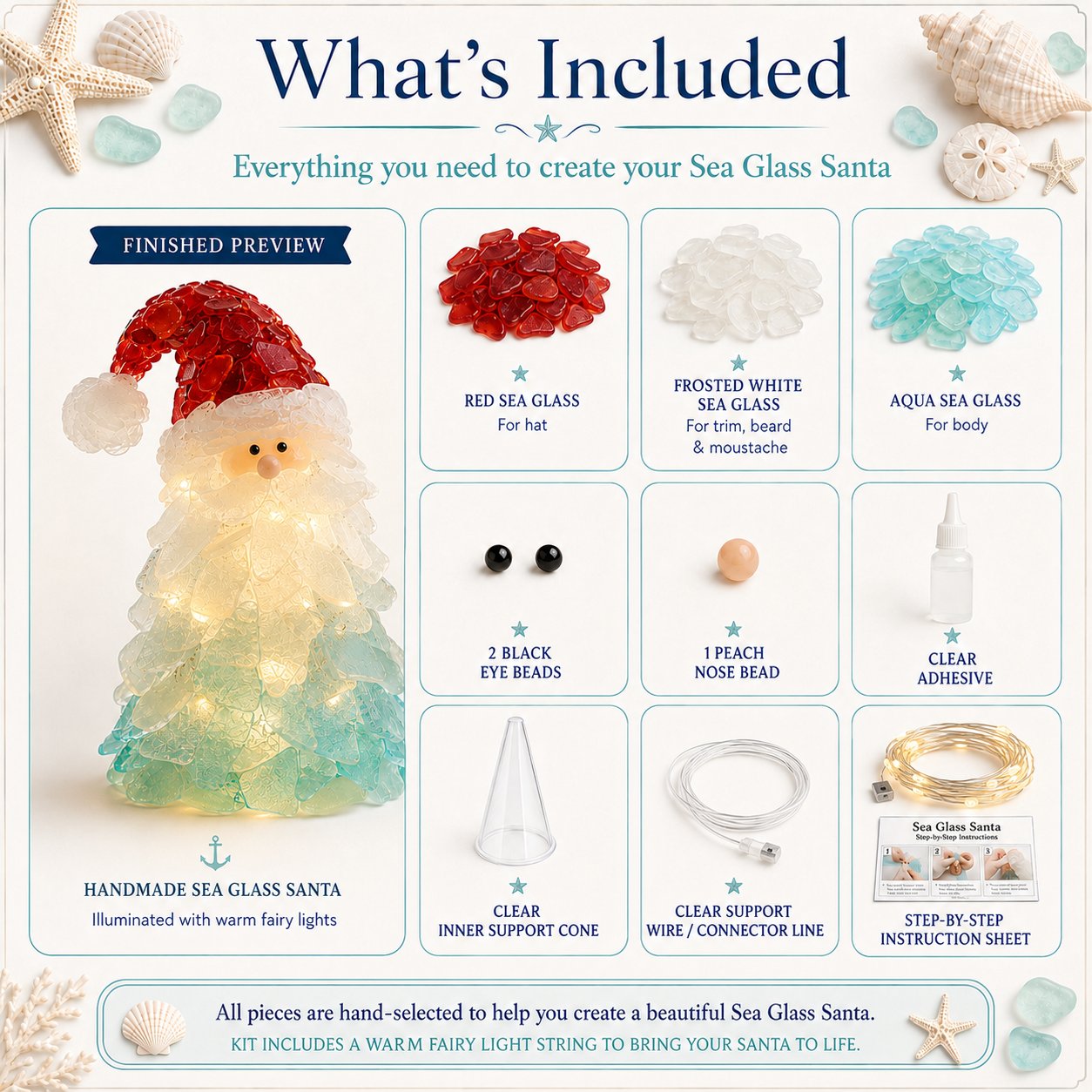 🔥Last Day 70% OFF – 🎅 Beginner-Friendly DIY Lighted Sea Glass Santa Christmas Decor Kit | Complete Kit with Sea Glass Pieces, Warm Fairy Lights & Step-by-Step Guide Included 💕