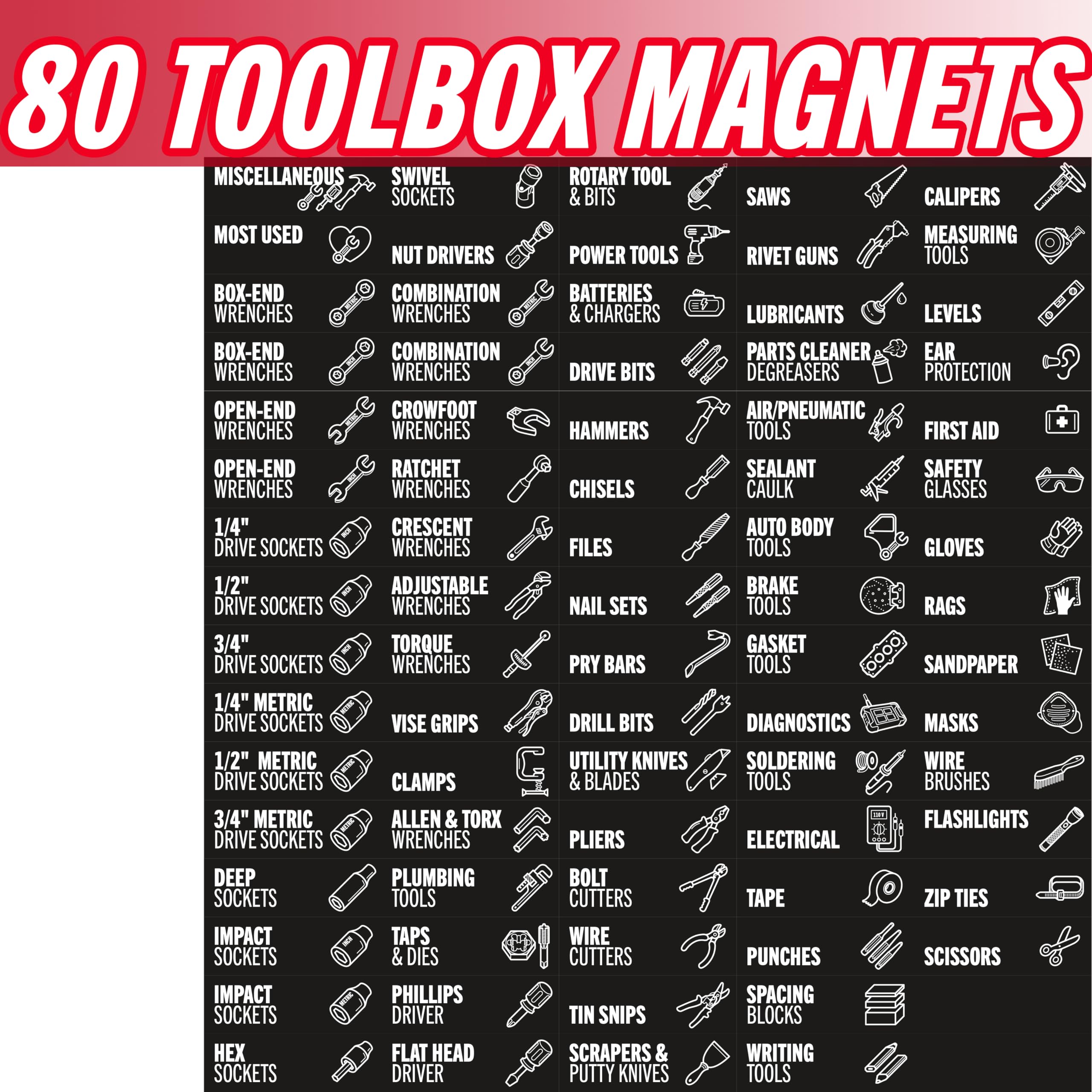🎁80-Piece Magnetic Toolbox Labels Kit✨ Transform Your Tool Chaos into Order🧲 Reusable Labeling System