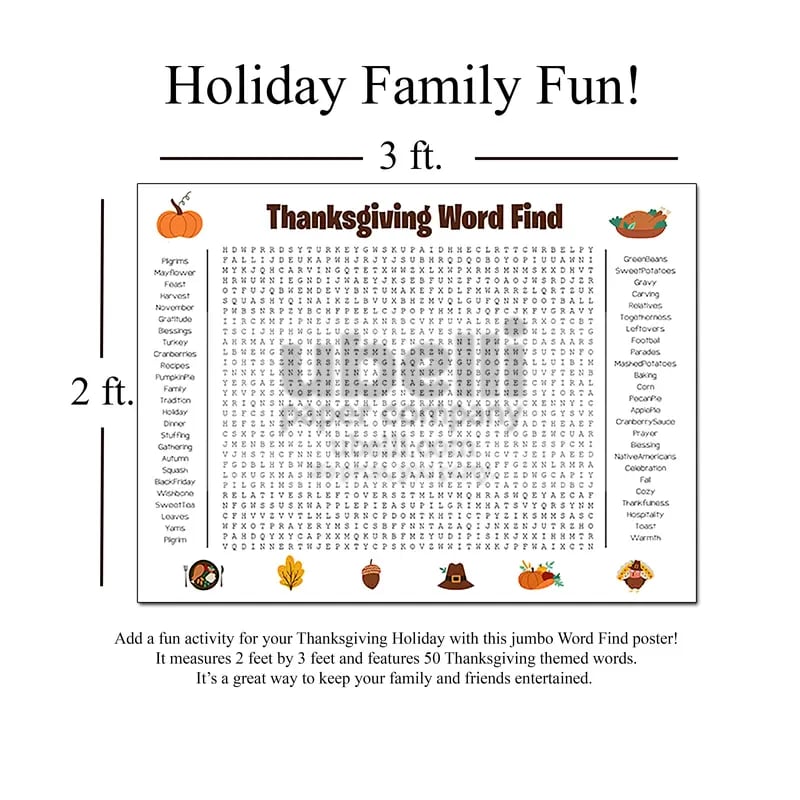 🎉 Jumbo Thanksgiving Word Search Poster – Giant 36"x24" Wall Game! 🎉