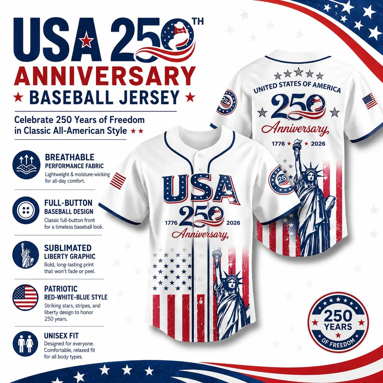 🔥250th Anniversary 70% OFF -🎆⚾250th Anniversary Patriotic Jersey — A Perfect 4th of July Outfit