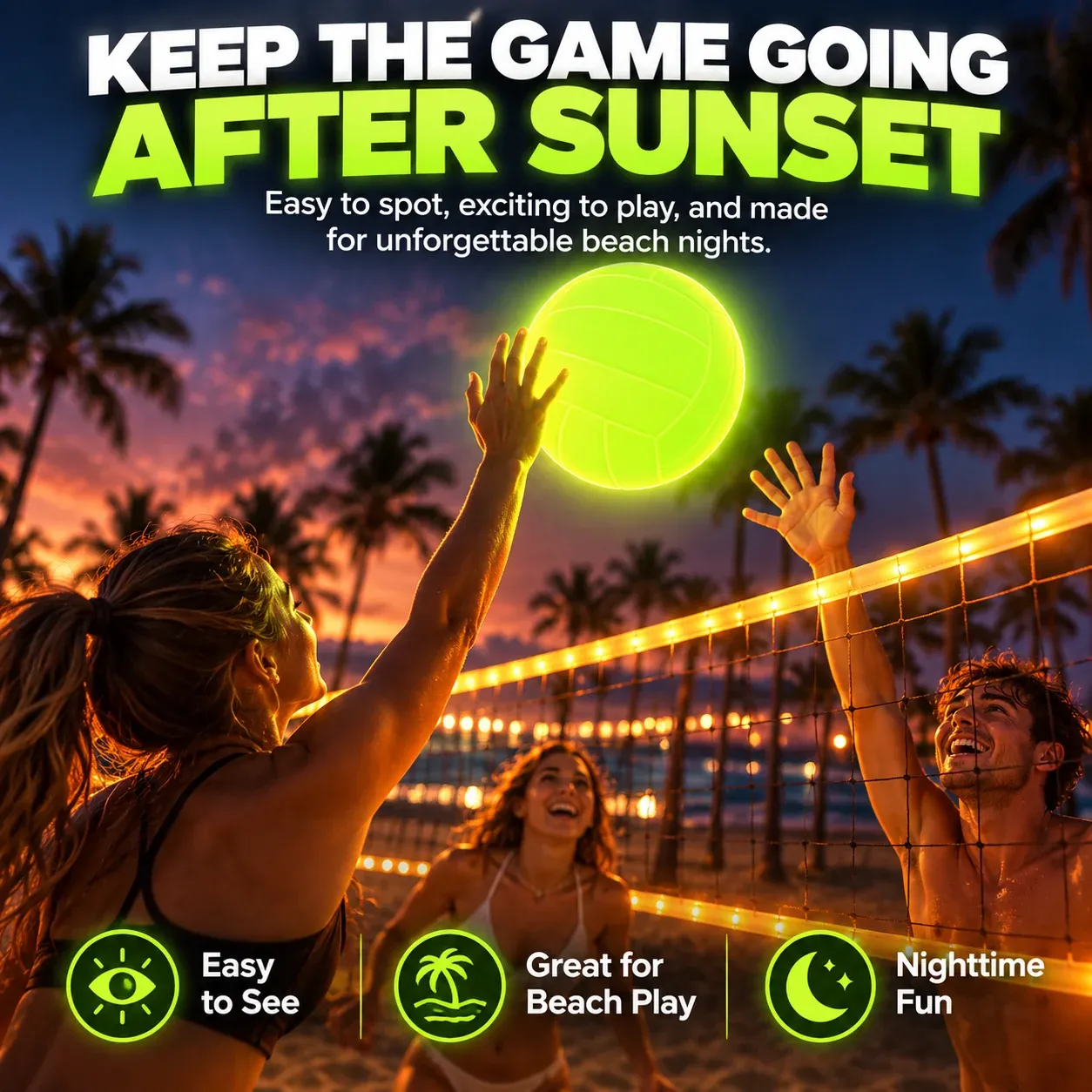 Friends playing beach volleyball after sunset with a bright glowing GlowSpike ball