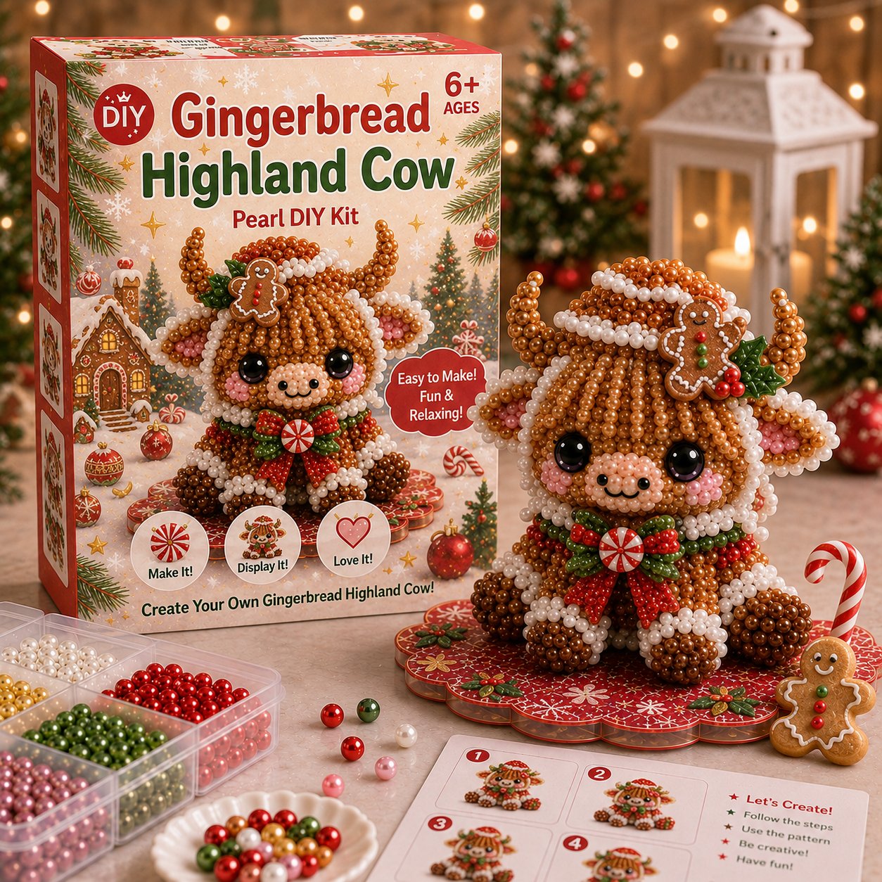 🔥Limited time 70% OFF -🎄🐮 Highland Cow 3D Pearl Bead DIY Kit – Beginner-Friendly Christmas Craft💕