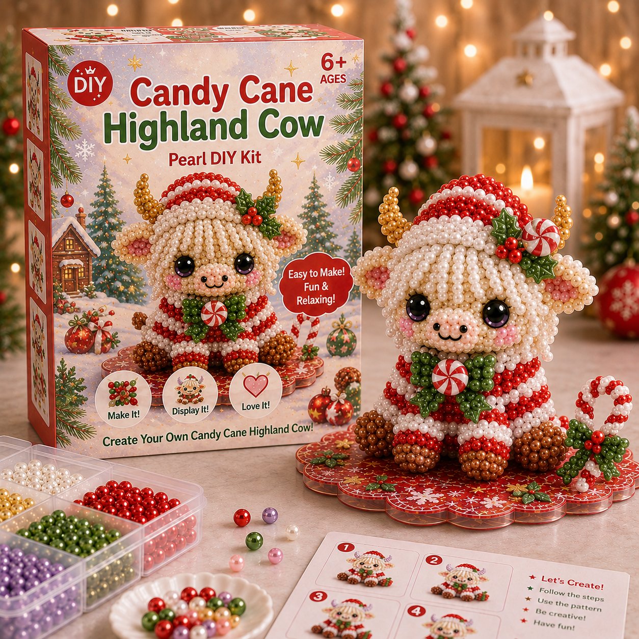 🔥Limited time 70% OFF -🎄🐮 Highland Cow 3D Pearl Bead DIY Kit – Beginner-Friendly Christmas Craft💕