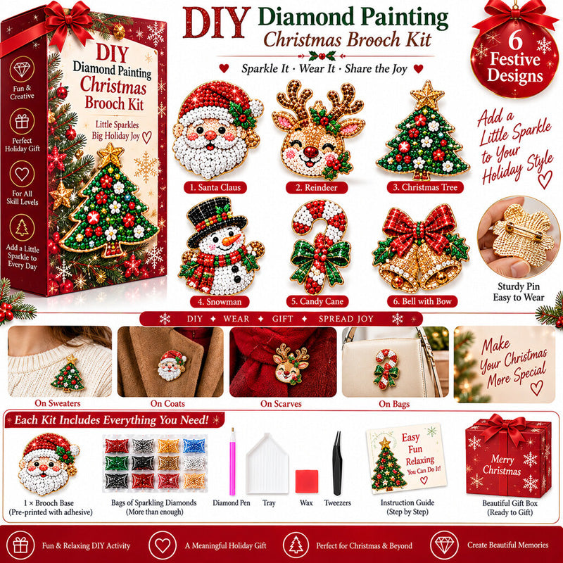 🔥Last 40pcs🎉-✨🎄 DIY Christmas Diamond Painting Brooch Kit — 6 Festive Designs, Wearable Sparkle