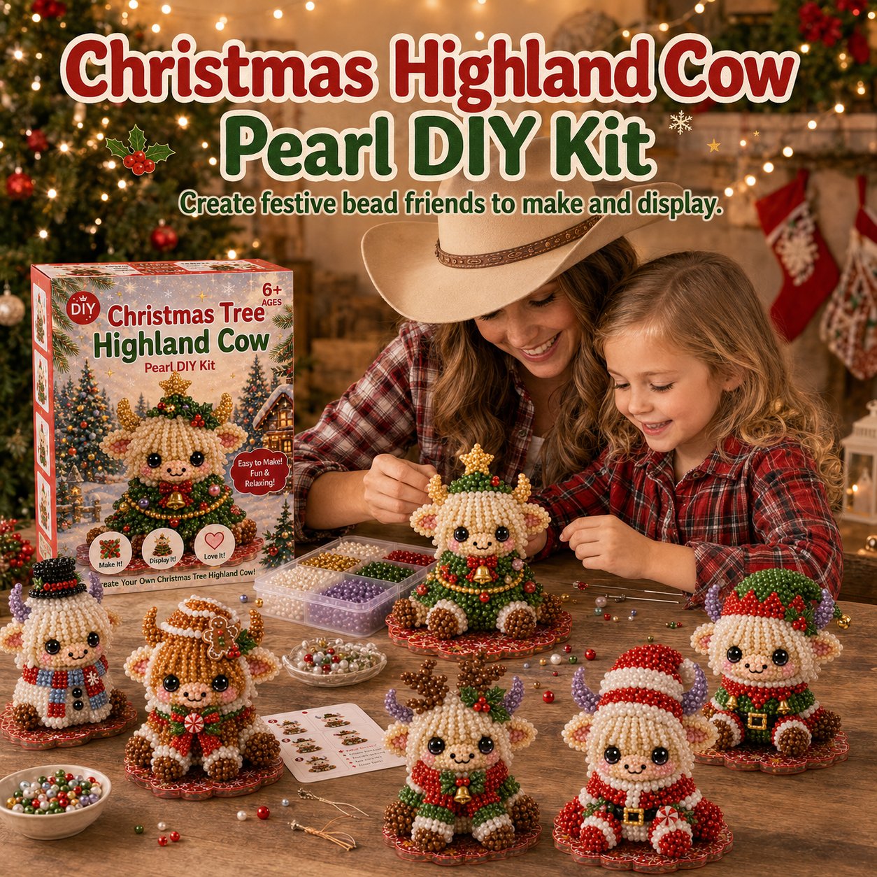 🔥Limited time 70% OFF -🎄🐮 Highland Cow 3D Pearl Bead DIY Kit – Beginner-Friendly Christmas Craft💕